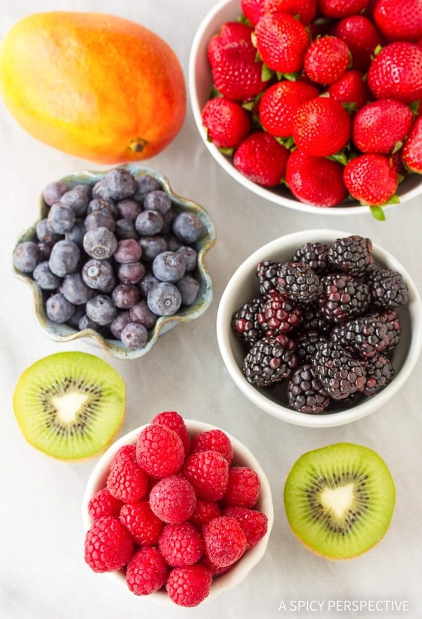 Overhead view of fruit needed for the vegan fruit pizza.