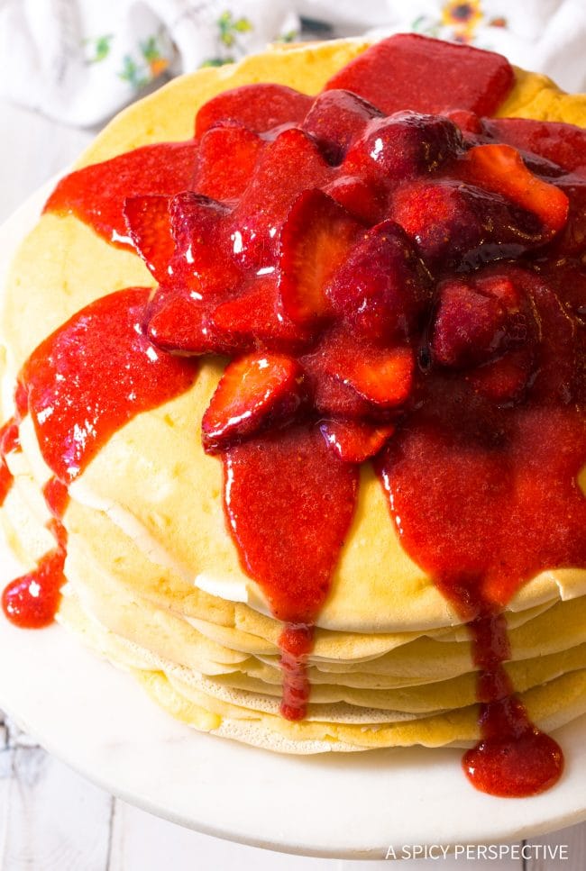 Dazzling Lemon Ricotta Crepe Cake with Strawberry Sauce Recipe (Mother's Day Brunch!)