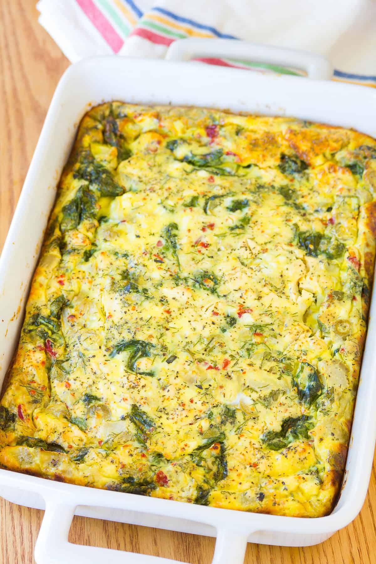 Greek Omelette Casserole cooling in dish