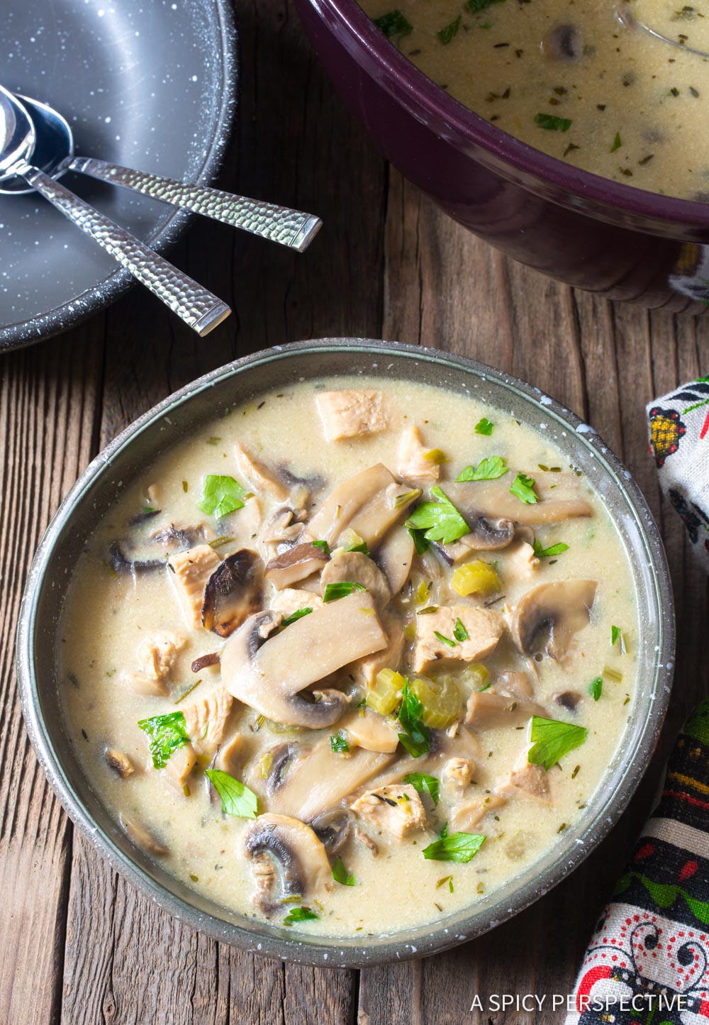 Low Carb Creamy Chicken and Mushroom Soup from A Spicy Perspective on foodiecrush.com