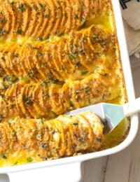Garlic Butter Scalloped Sweet Potatoes Recipe #ASpicyPerspective #Thanksgiving