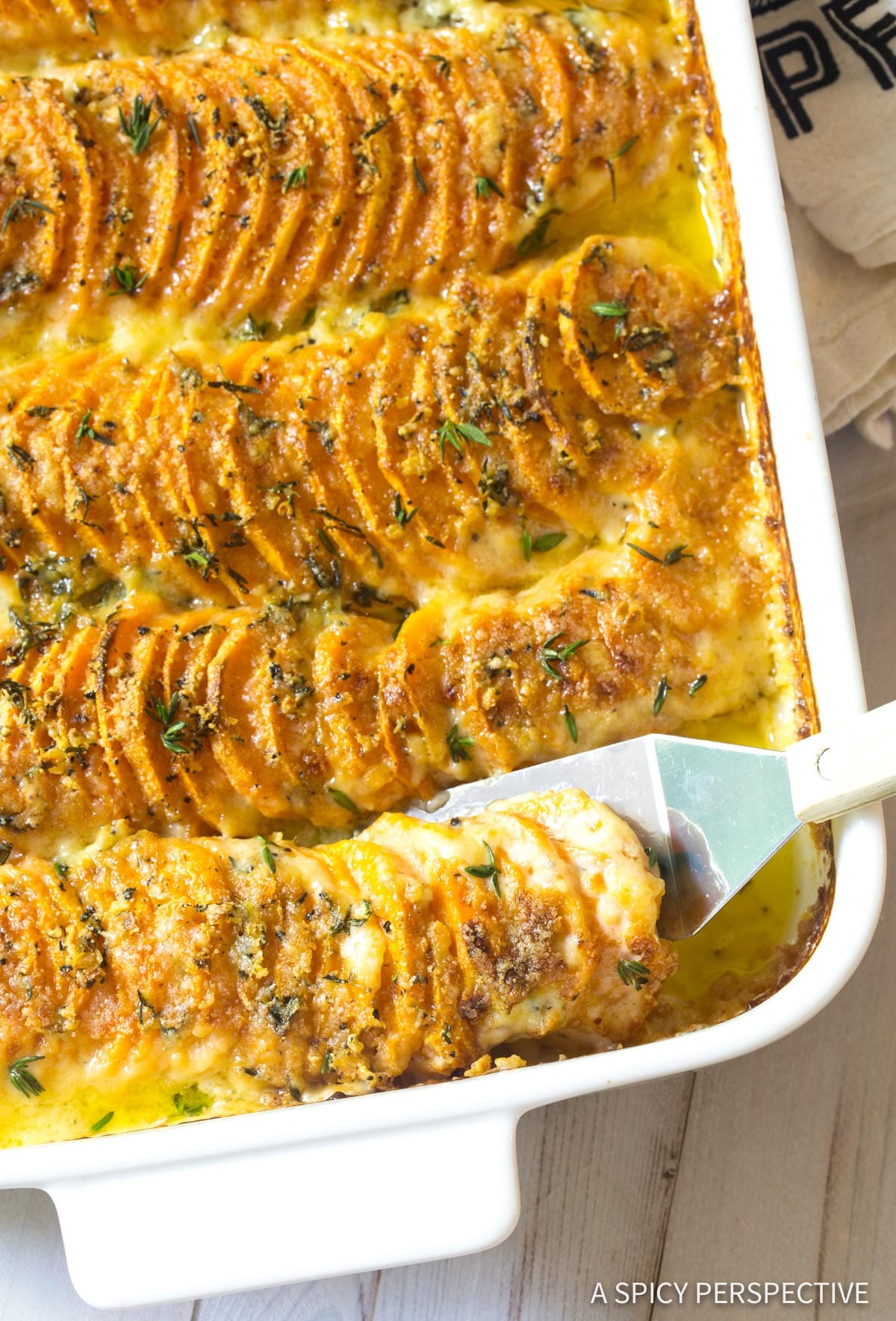 Garlic Butter Scalloped Sweet Potatoes Recipe #ASpicyPerspective #Thanksgiving