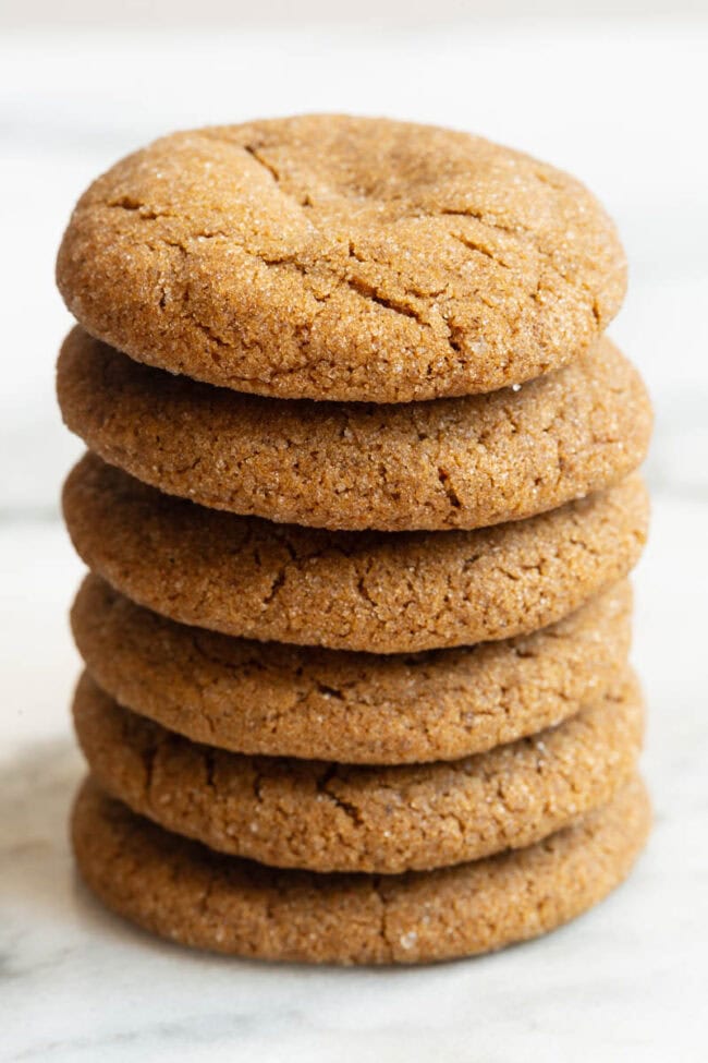 Chewy soft molasses cookies stacked high