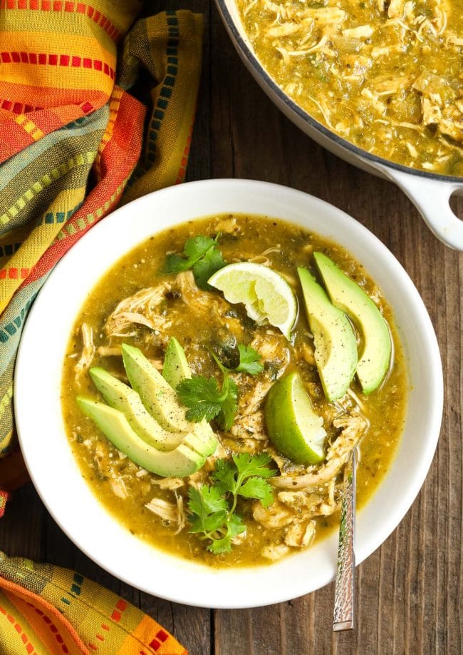 Overhead view of chicken chili in a bowl. 