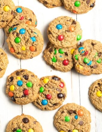 Buttery chocolate chip cookies with colorful M&M candies, perfect for snack or dessert.