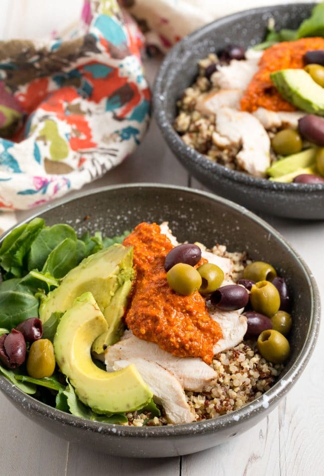 Grilled Chicken Quinoa Bowls with Romesco Sauce Recipe #ASpicyPerspective  #healthy #skinny