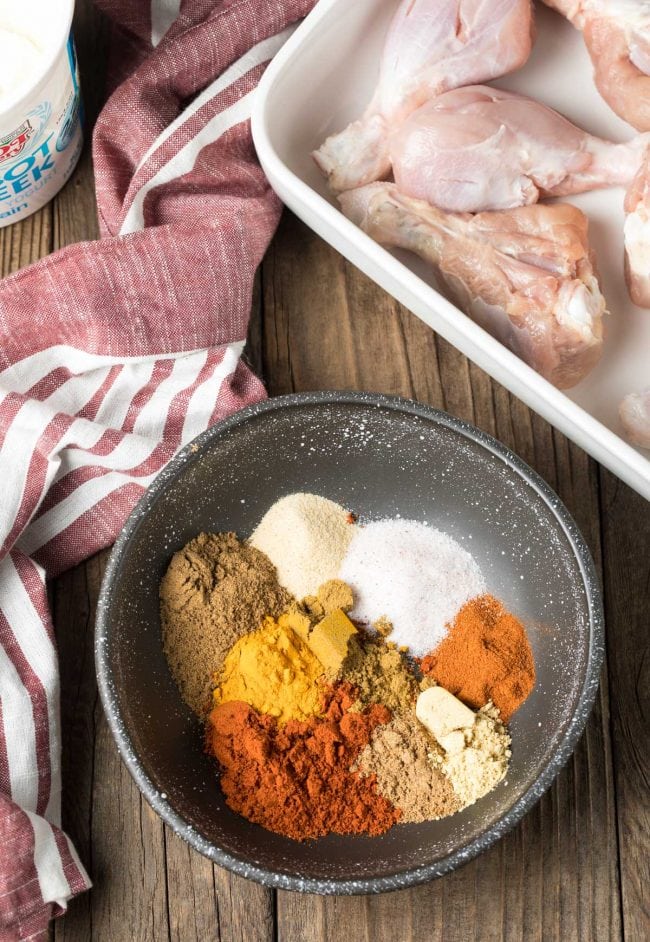Overhead shot of unblended spices in bowl.