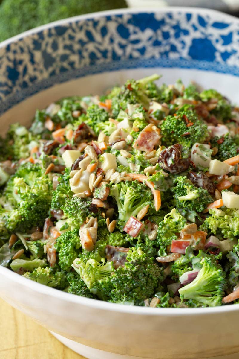 Top down view of spicy broccoli salad in a bowl.