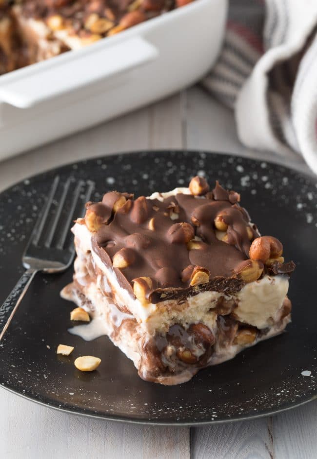 5-Ingredient Buster Bar Ice Cream Cake Recipe #ASpicyPerspective #summer #holiday #july4th #fudge