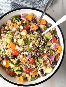 Mediterranean Quinoa Salad Bowl Recipe #ASpicyPerspective #cucumber #tomatoes #greek