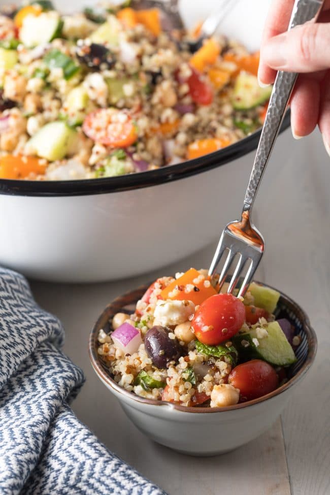Healthy Mediterranean Quinoa Salad Bowl Recipe #ASpicyPerspective #cucumber #tomatoes #greek