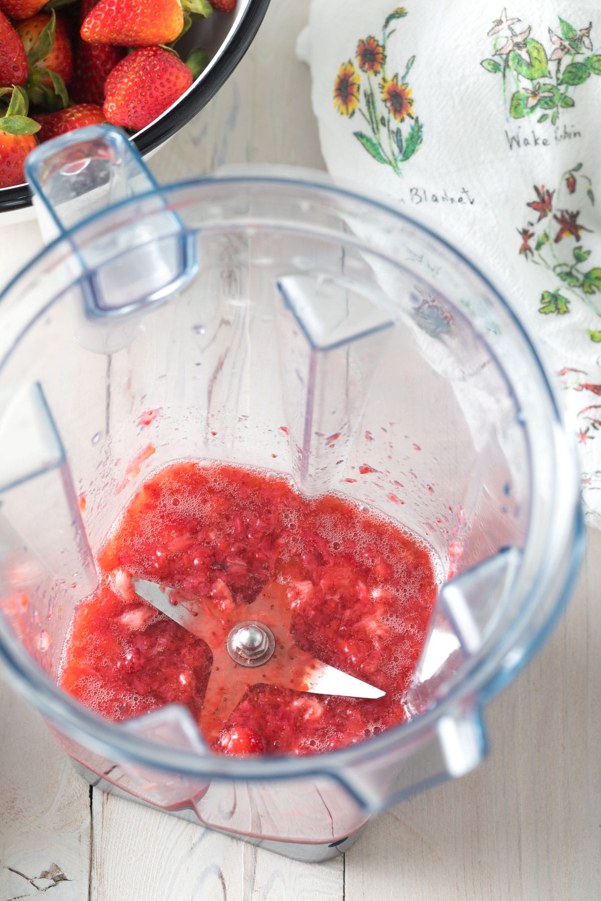 Strawberry puree in a blender. 