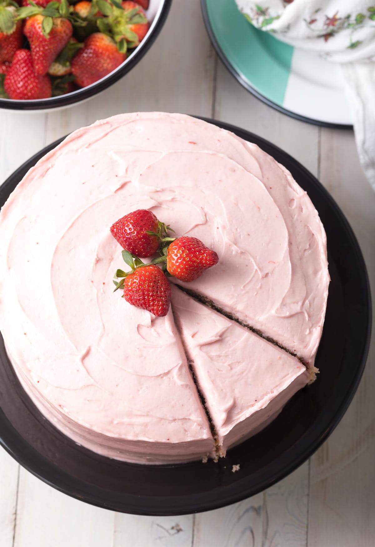 Top down view of strawberry cake. 