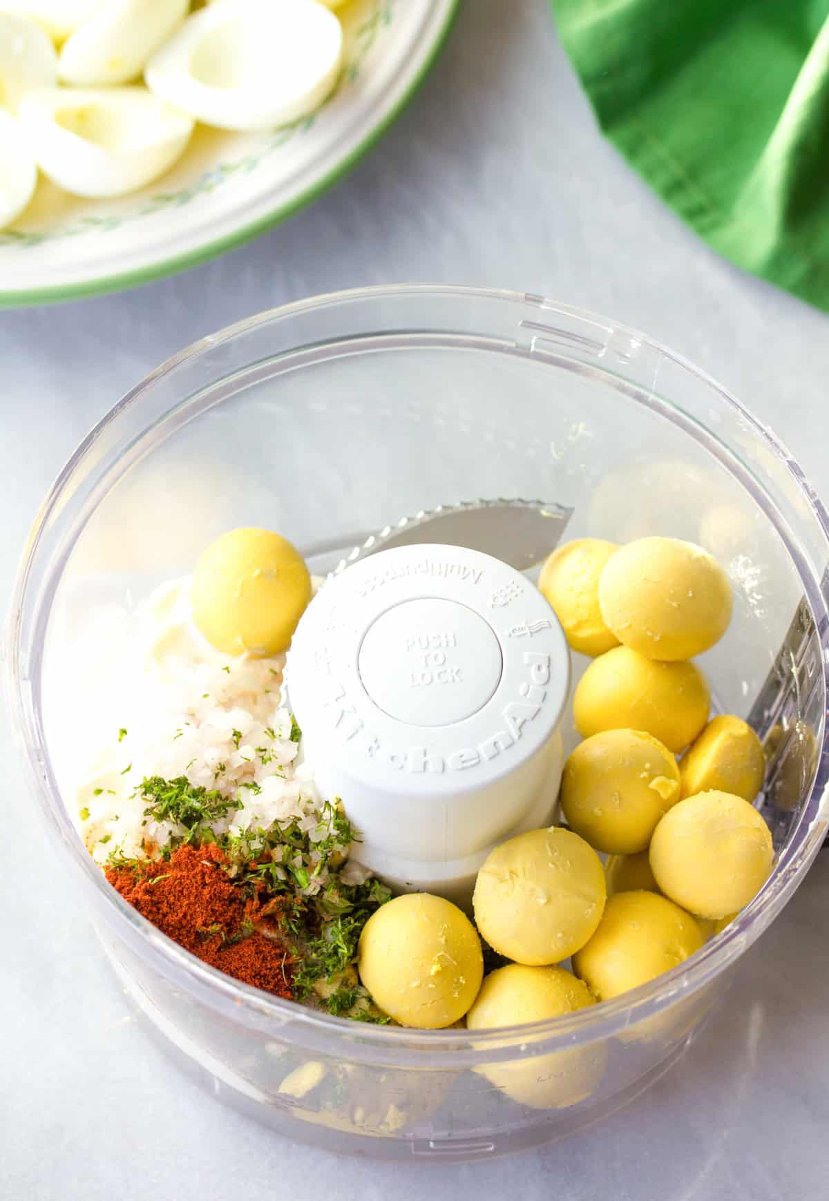 ingredients for deviled egg filling in food processor