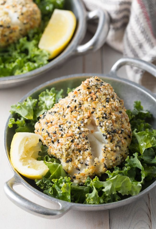Baked white fish with everything bagel crust