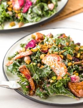 Roasted Beet Chickpea Kale Salad with Creamy Yogurt Herb Dressing #ASpicyPerspective #kale #chickpea #beets #wholefoods