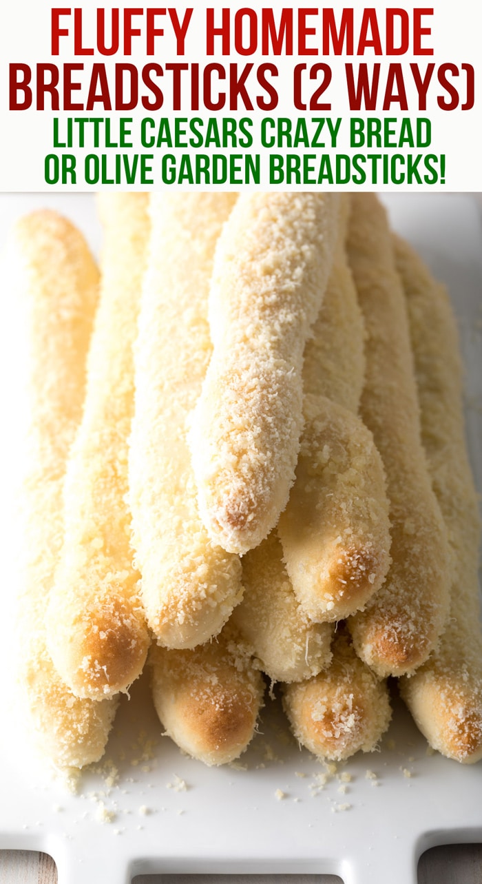 This Homemade Breadsticks Recipe is so soft and easy to make. Try it two ways, as perfect Copycat Little Caesars Crazy Bread, OR as Olive Garden Breadsticks!