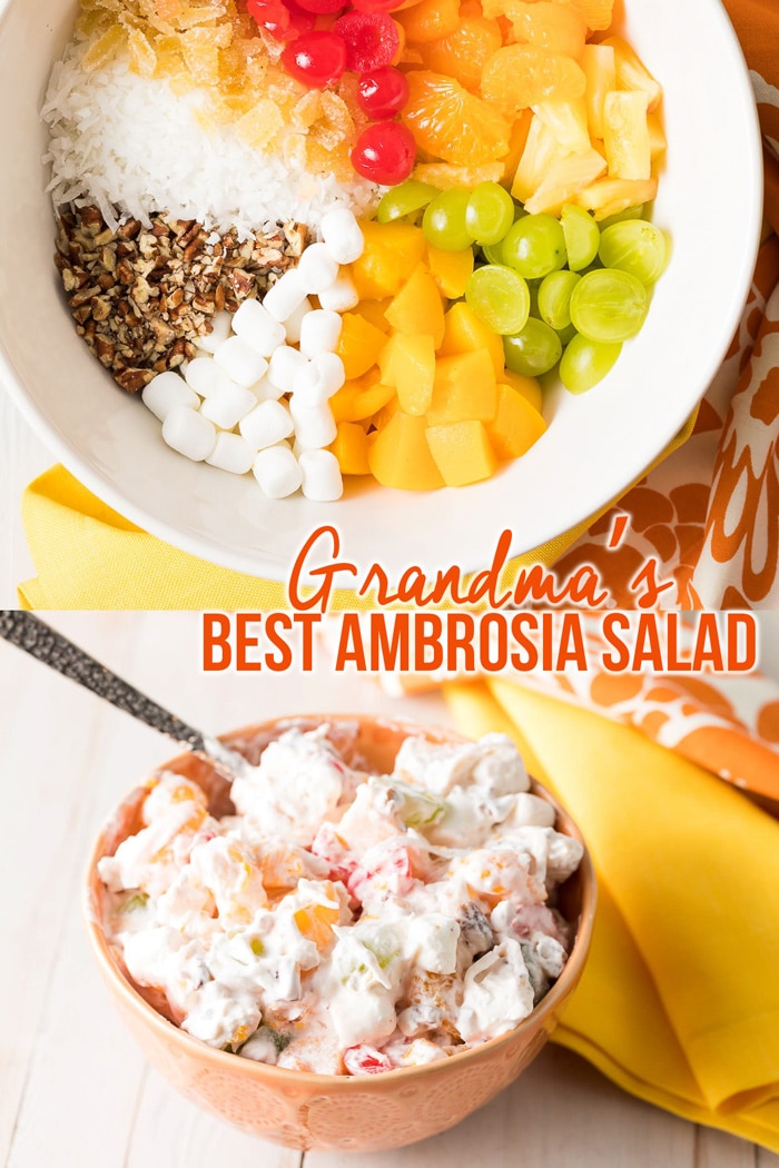 Grandma’s Best Marshmallow Ambrosia Salad Recipe #ASpicyPerspective #ambrosia #marshmallow #fluff #summer