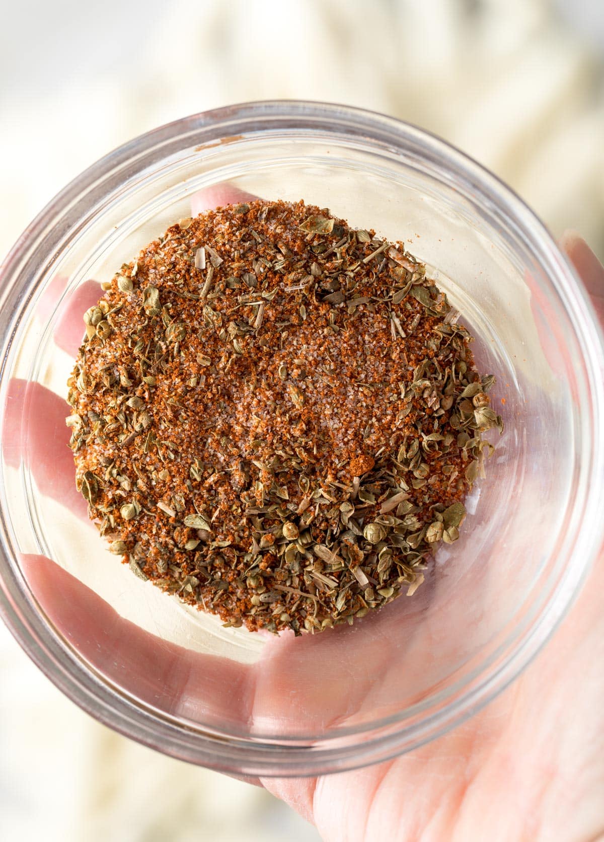 Mixing bowl filled with spices. 