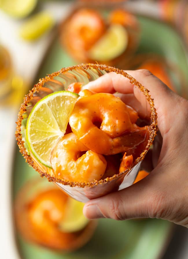 Mexican Shrimp Cocktail Cups Recipe #ASpicyPerspective #lowcarb #shrimp #cocktailsauce #party #appetizer #michelada