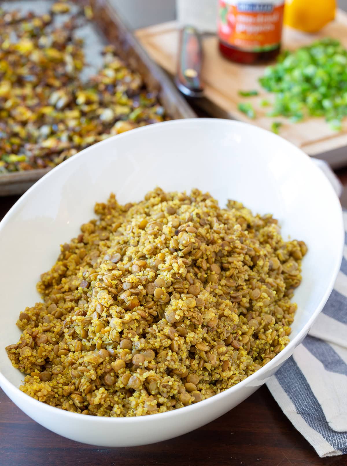 quinoa lentil salad.  Top photo of quinoa and lentils in bowl.  