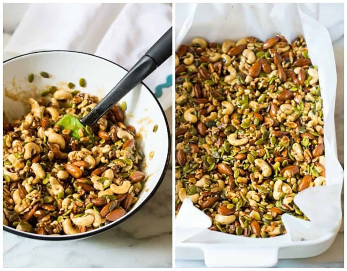 mixing syrup into nuts