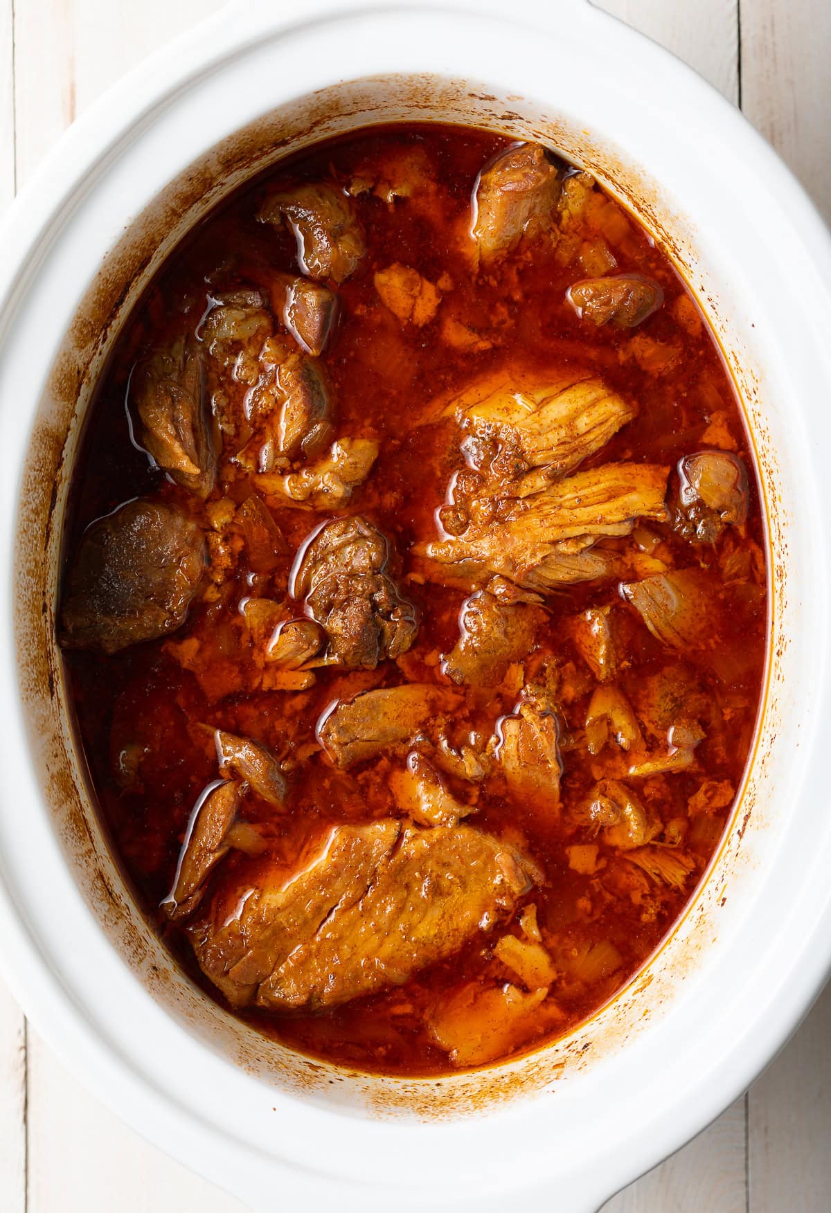 Pork carnitas that has cooked for hours in a slow cooker.