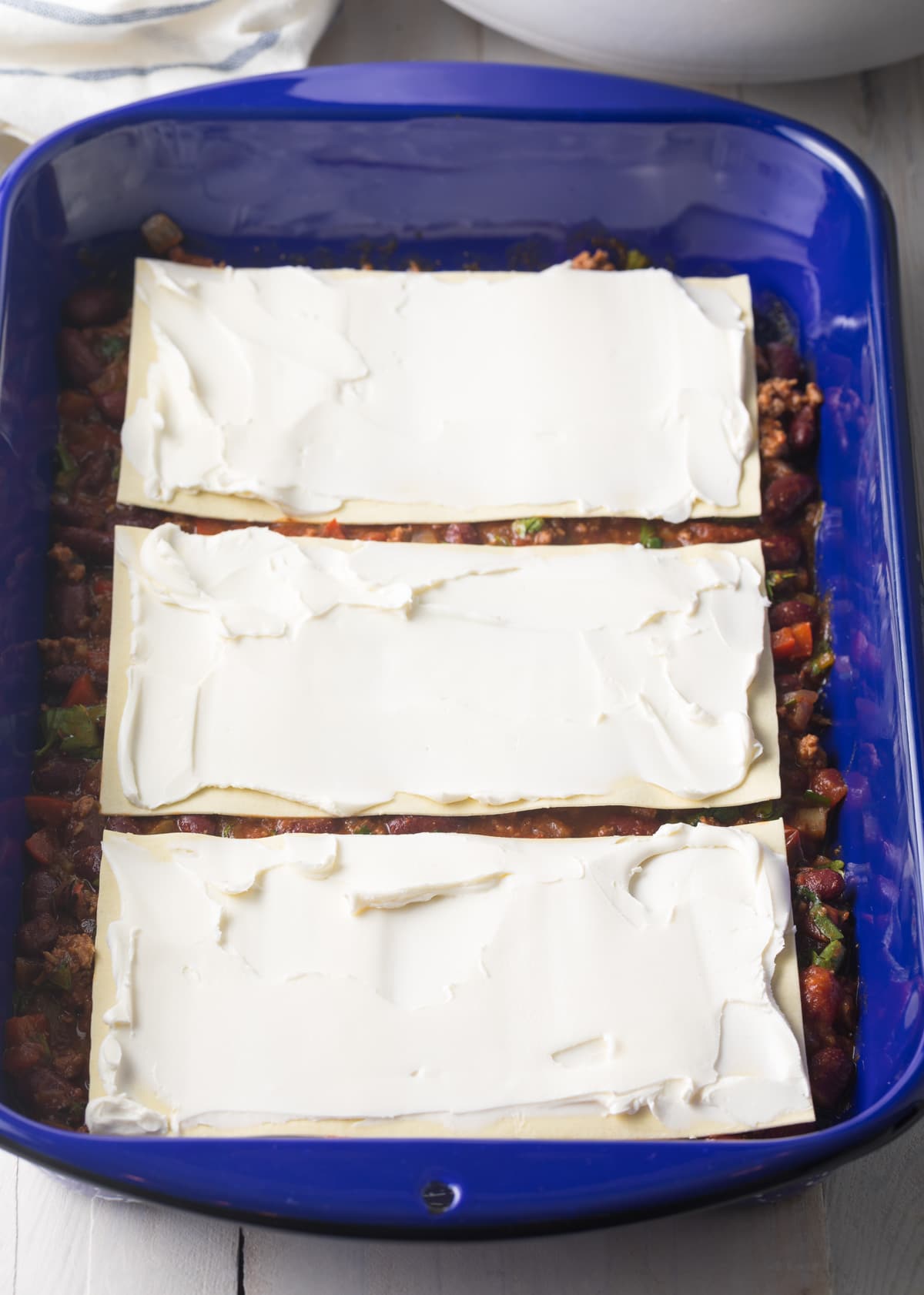 Layer 1 - Cowboy Chili Recipe - layering the lasagna