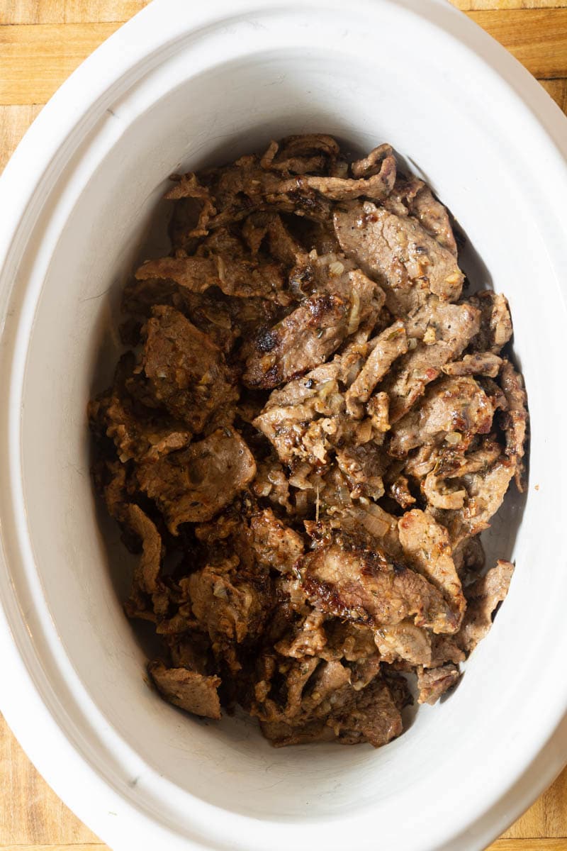 Beef #ASpicyPerspective #Beef #Stroganoff #BeefStroganoff #BeefStroganoffRecipe #SlowCookerBeefStroganoff #BeefStroganoffCrockpot #SlowCooker #Crockpot Beef for stroganoff in slow cooker crock