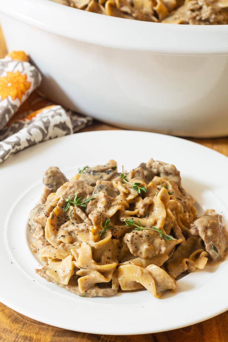 Beef Stroganoff Crockpot #ASpicyPerspective #Beef #Stroganoff #BeefStroganoff #BeefStroganoffRecipe #SlowCookerBeefStroganoff #BeefStroganoffCrockpot #SlowCooker #Crockpot Crock Pot Beef Stroganoff Recipe on plate