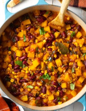 Three Sisters Butternut Squash Chili Recipe #ASpicyPerspective #chili #vegetarian #vegan #glutenfree #fall