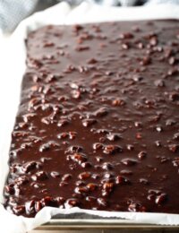 Ultimate Texas Sheet Cake Recipe #ASpicyPerspective #chocolate #cake #sheetcake #texas #pecan #tailgating #holiday #party #bakesale