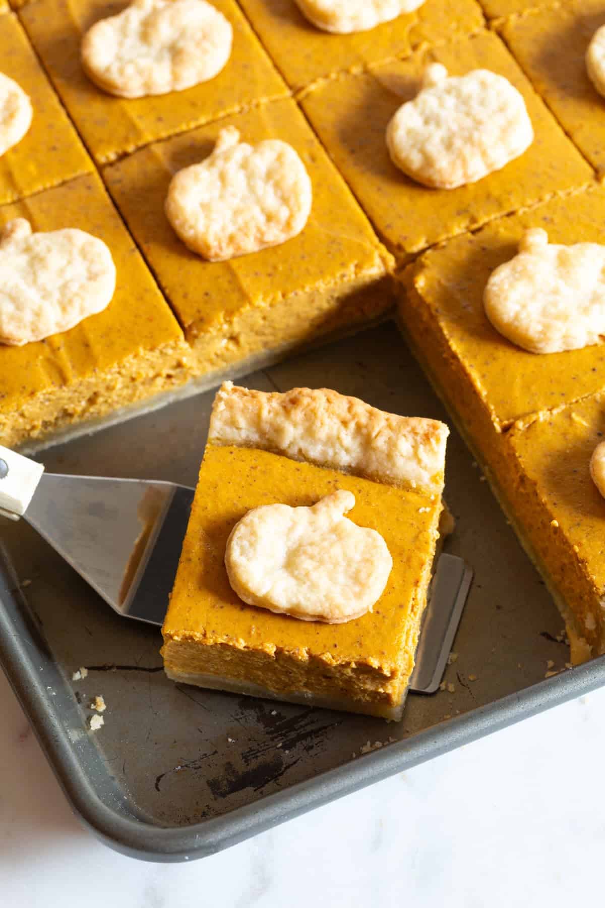 Pumpkin slab pie recipe cut into squares