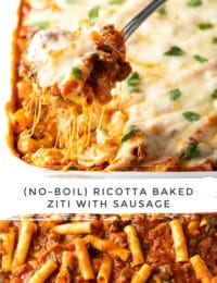 Easy Ricotta Baked Ziti with Sausage Recipe #ASpicyPerspective #baked #ziti #noboil #ricotta #pasta #italian #comfortfood
