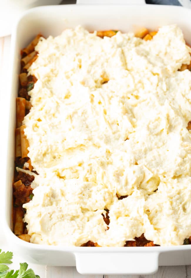 Ricotta Filling on top of ziti - Baked Ziti with Sausage Recipe