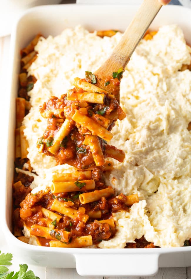 Ricotta Baked Ziti Recipe - layering in pan