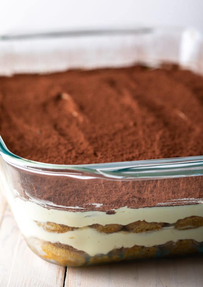 Final tiramisu in a baking dish.