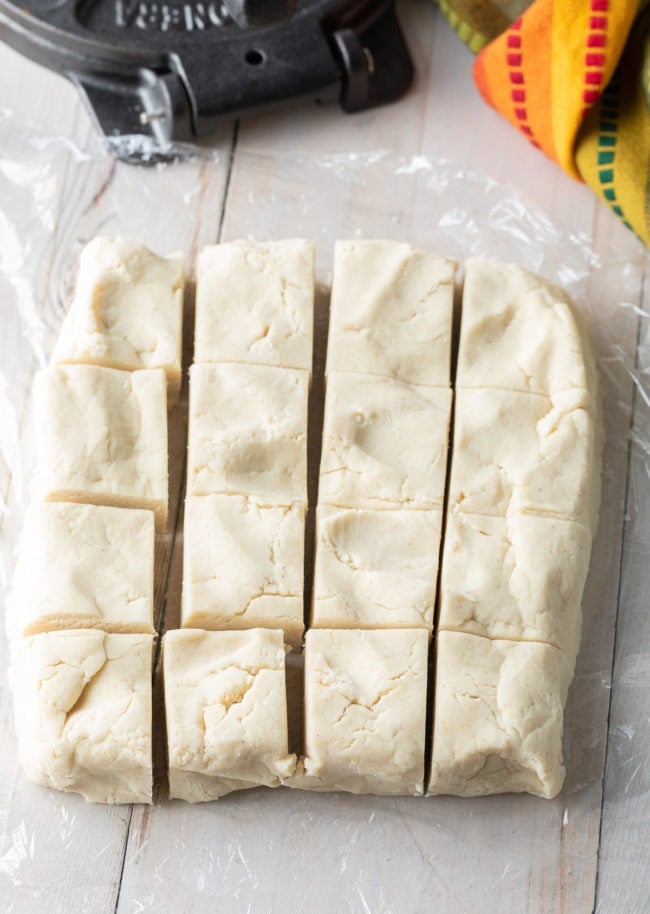 Tortilla dough chilled and cut into squares. 