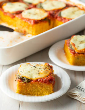 Margherita Baked Polenta Recipe #ASpicyPerspective #polenta #italian #glutenfree #margherita #marinara #pesto #basil #mozzarella