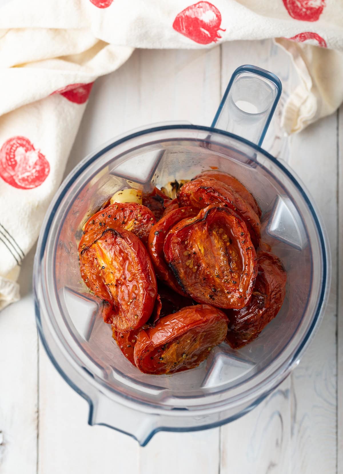 Roasted vegetables in a blender. 
