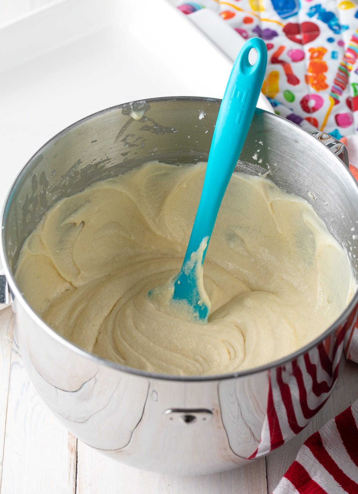 cake batter in mixing bowl