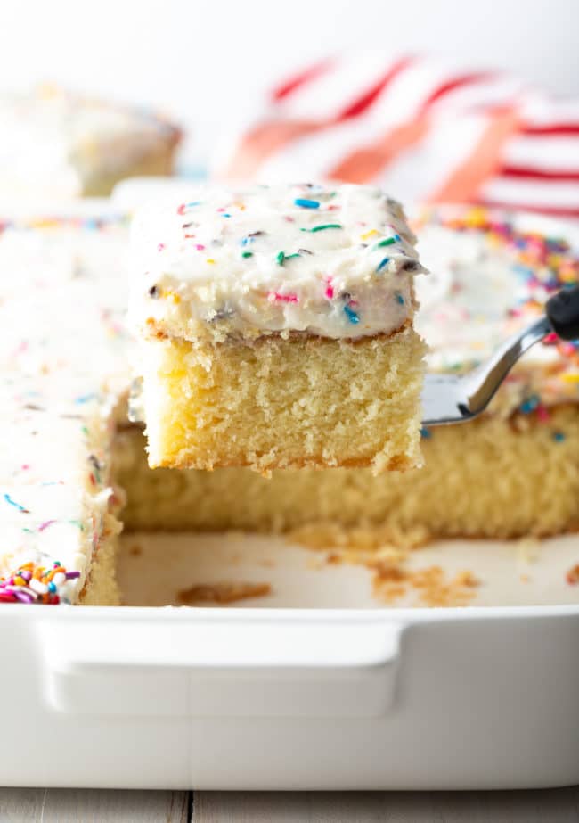 The Best Homemade Vanilla Cake Recipe #ASpicyPerspective #vanilla #cake #birthday #layer #sheet #party