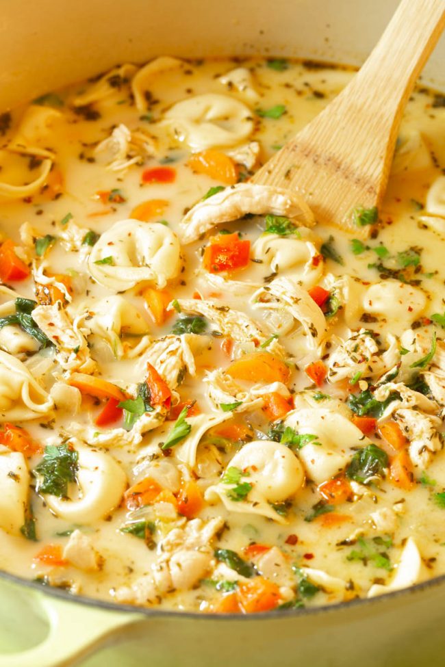 Creamy broth and chicken blended with tortellini 
