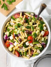 Easy Greek Pasta Salad Recipe #ASpicyPerspective #salad #pasta #healthy #vegetarian #cucumber #tomato #makeahead #mealprep