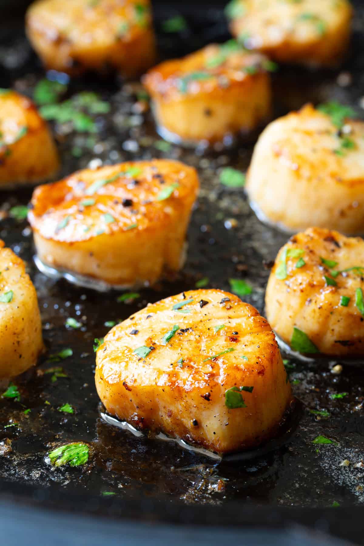 Seared scallops with garlic and herbs, cooked to perfection and served on a sizzling skillet.