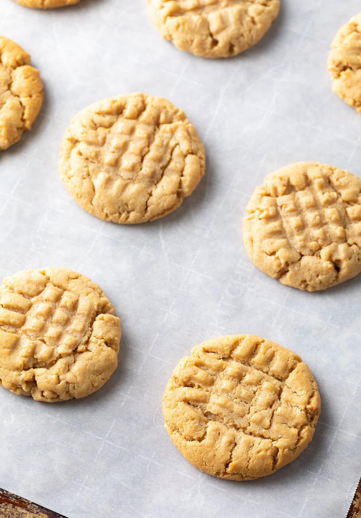 secret ingredient Peanut Butter Cookies - on baking sheet after baking