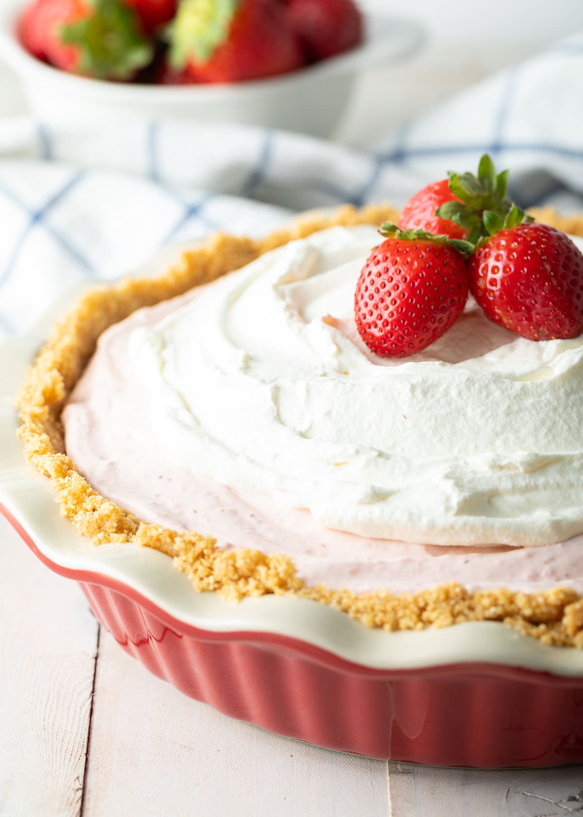Closeup of final strawberry cream pie. 