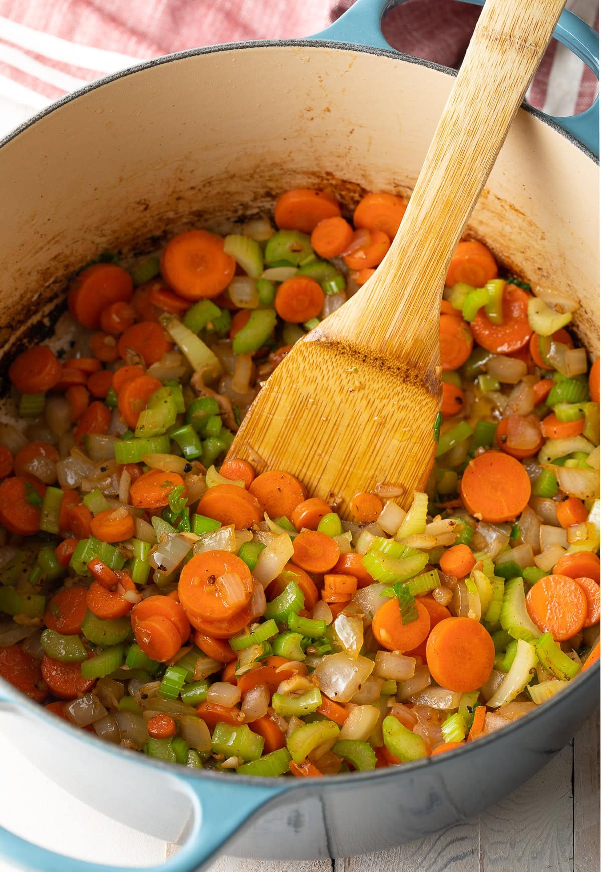 Sauteed vegetables in a pot. 