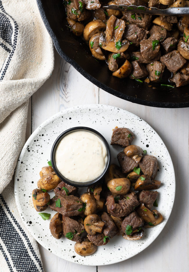 Skillet Steak Bites and Mushrooms low-carb dinner or snack