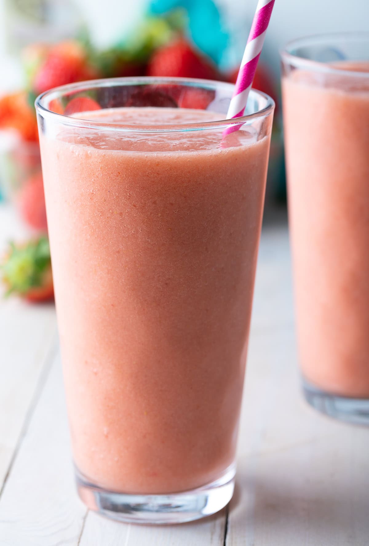 Glasses filled with smoothie.